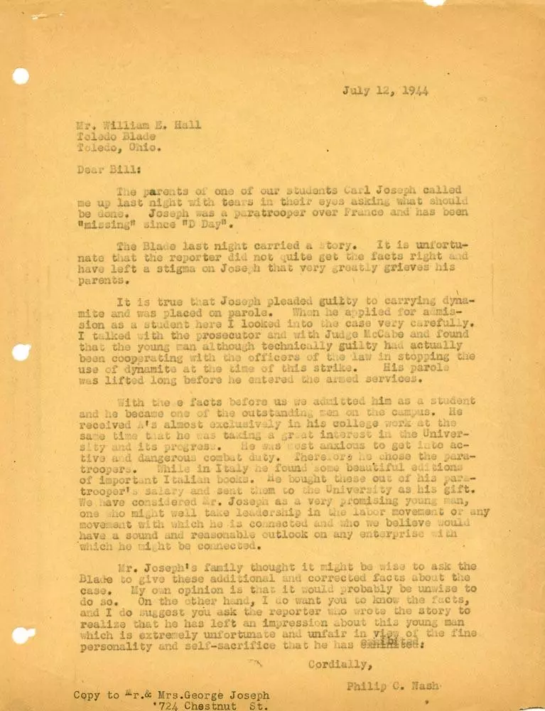 UT President Nash's letter to Carl Joseph