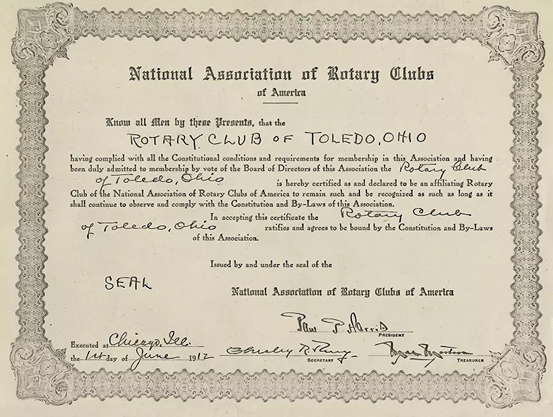 The official charter of the Toledo chapter of the Rotary Club