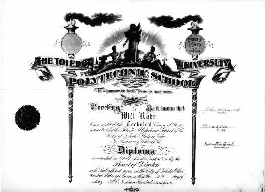 Will Rohr's diploma from the Toledo University Polytechnic School, 1905