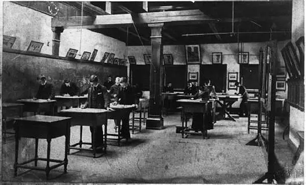A coeducational class in mechanical drawing at the Toledo Manual Training School. ca. 1890