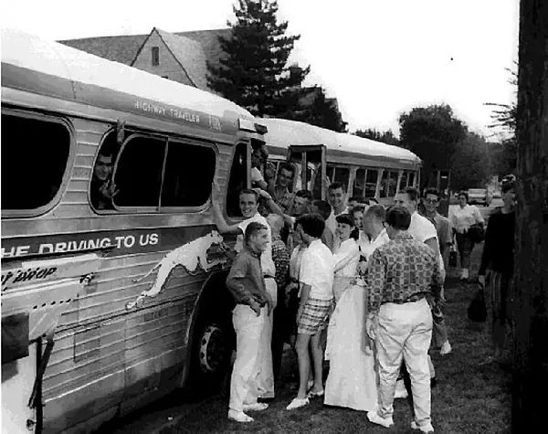Buses to Freshman Camp, 1963.