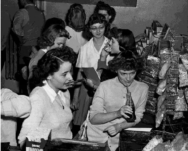 Student socialize in Libbey Hall, ca. 1950
