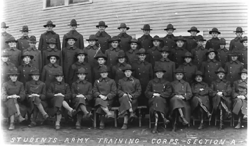 Students Army Training Corps in front of the Gymnasium on the Scott land, 1918