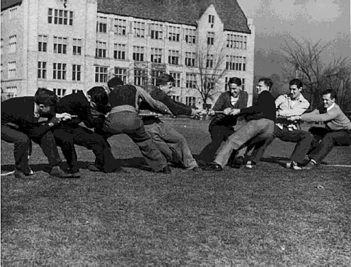 A friendly game of tug of war, 1939.