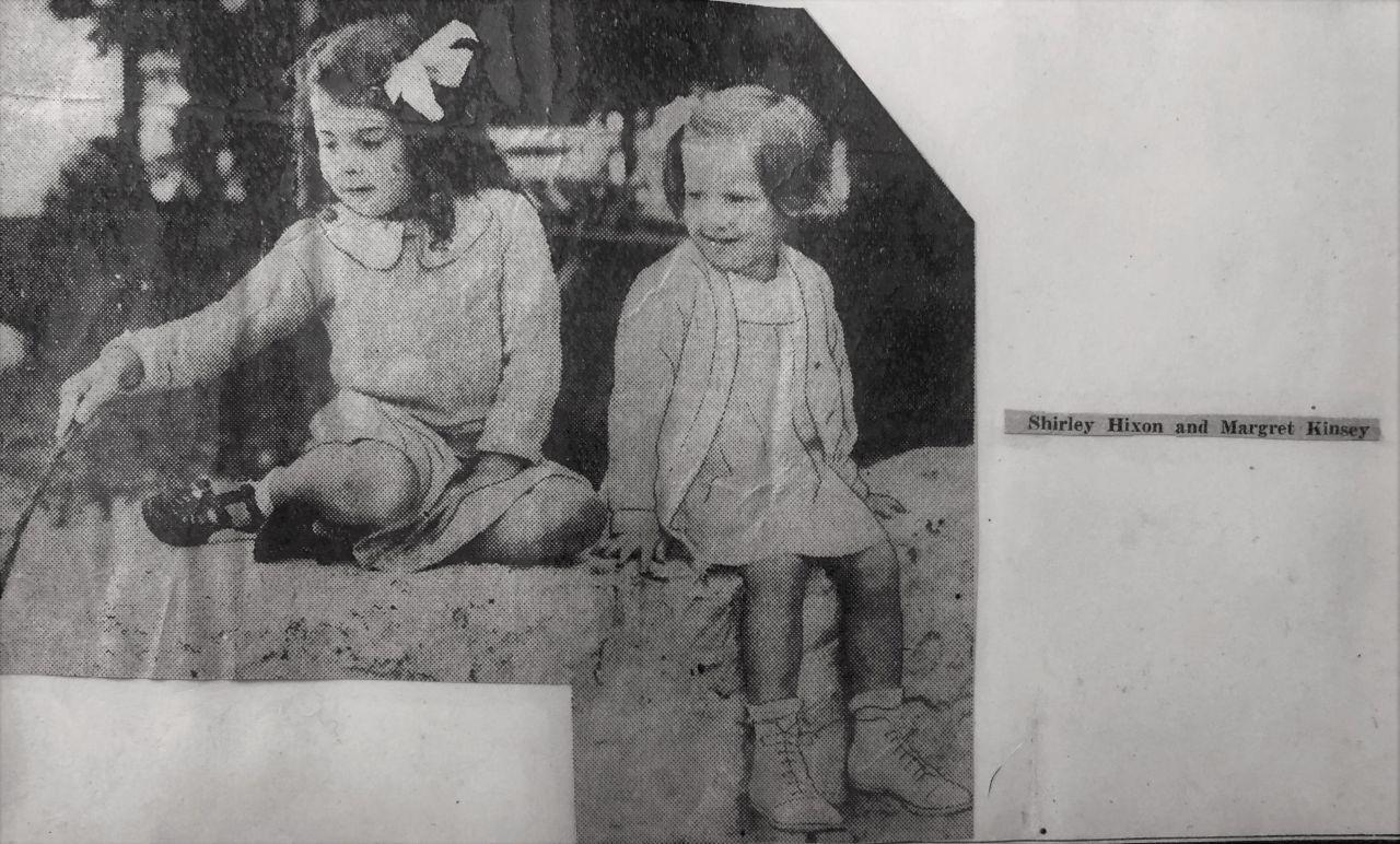 Shirley Hixon and Margaret (Maggie) Kinsey on Middle Bass Club wall. Circa 1933