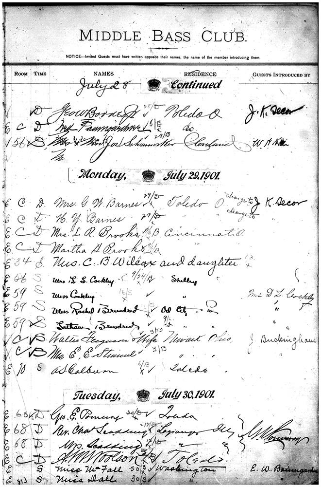 Middle Bass Club Guest Register Book Entry: July 30,1901