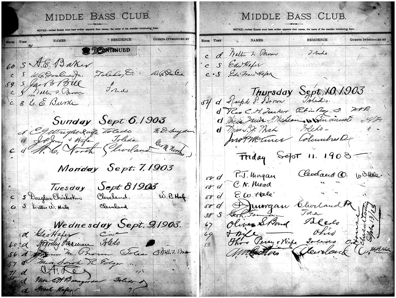 Middle Bass Club Guest Register entry: September 9. 1903