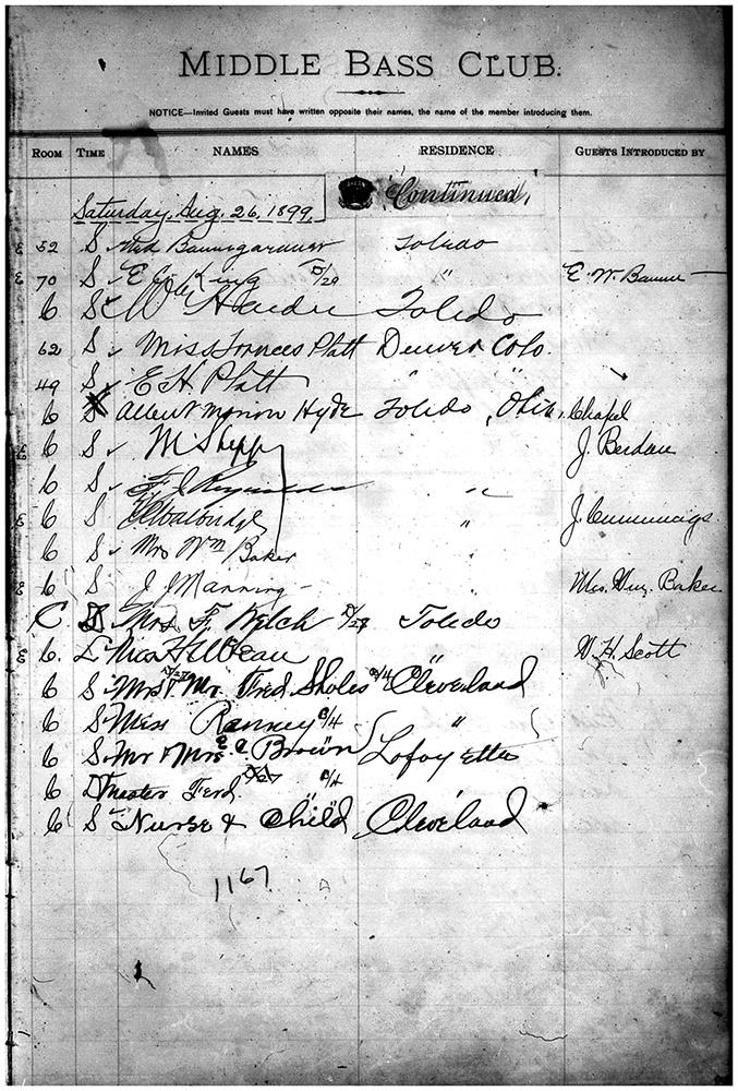 1899 Middle Bass Club Guest Register book, August 26 entry