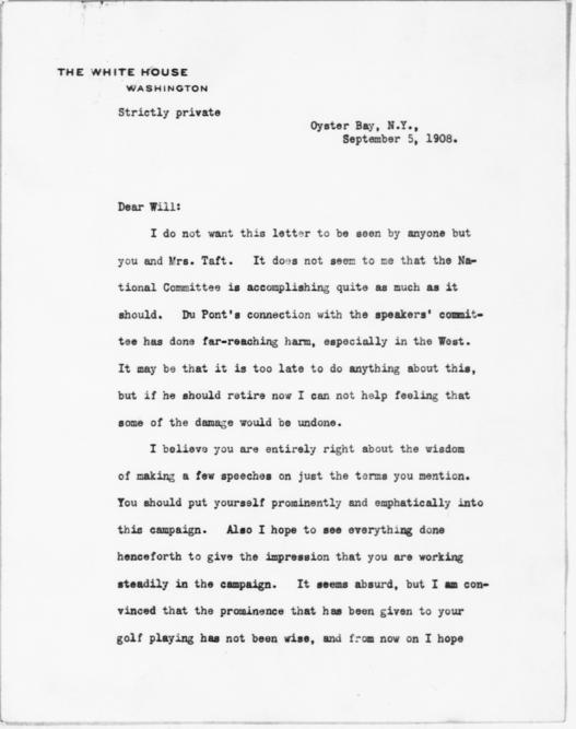 Letter Roosevelt to Taft: September 5, 1908, p. 1.