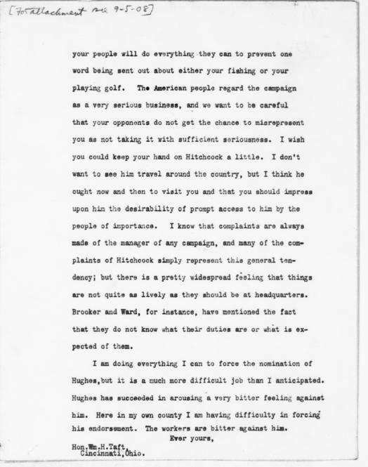 Letter Roosevelt to Taft: September 5, 1908, p. 2.