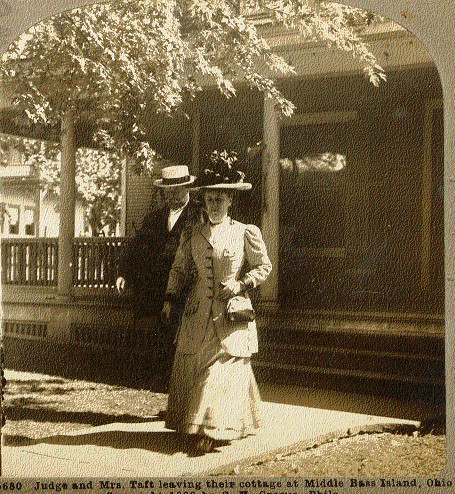 William Howard Taft & Helen Taft on front sidewalk of the Ford Cottage in the MBC