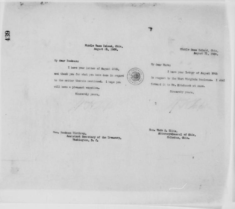 Letter from Taft to Ellis: August 31, 1908