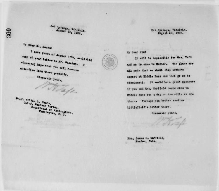 Letter Taft to Garfield: August 28, 1908