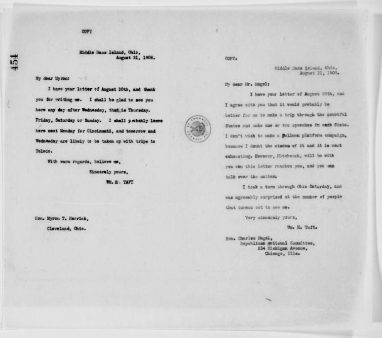 Letter from Taft to Herrick: August 31, 1908.