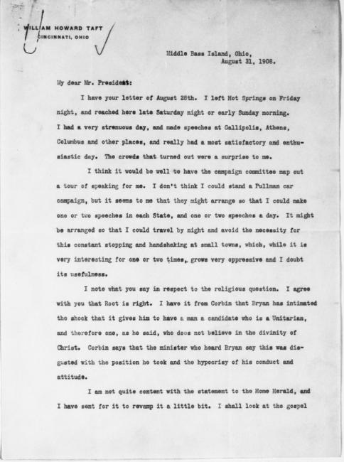Letter Taft to Roosevelt: August 31, 1908, p. 1