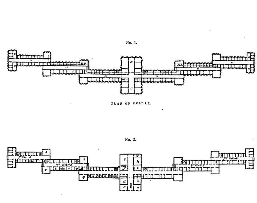 Drawing from Thomas Krikbride's 1854 book "On the Construction, Organization, and General Arrangements of Hospitals for the Insane"