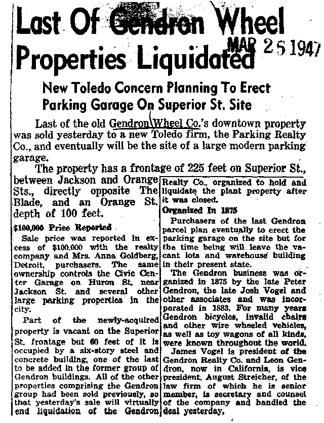 Last of Gendron Wheel Properties Liquidated: New Toledo Concern Planning To Erect Parking Garage On Superior St. Site (Blade Mar. 15, 1947)