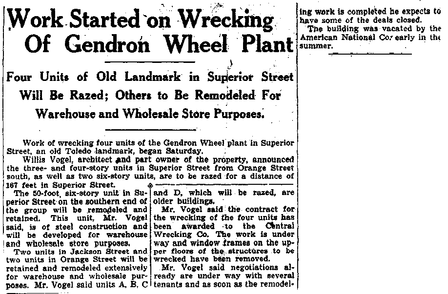 Work Started on Wrecking Gendron Wheel Plant (Blade Sept. 6, 1938)