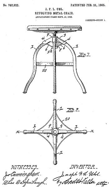 Joseph’s 1905 Patent No. 782,932 dated February 21, 1905 was titled “Revolving Metal Chair”