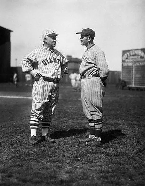 Toledo Manager Casey Stengel, (right), and Giants' Manager John McGraw (left), 1926