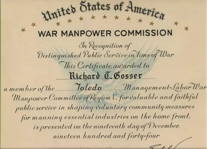 Award for Gosser from the War Manpower Commission during wartime services.