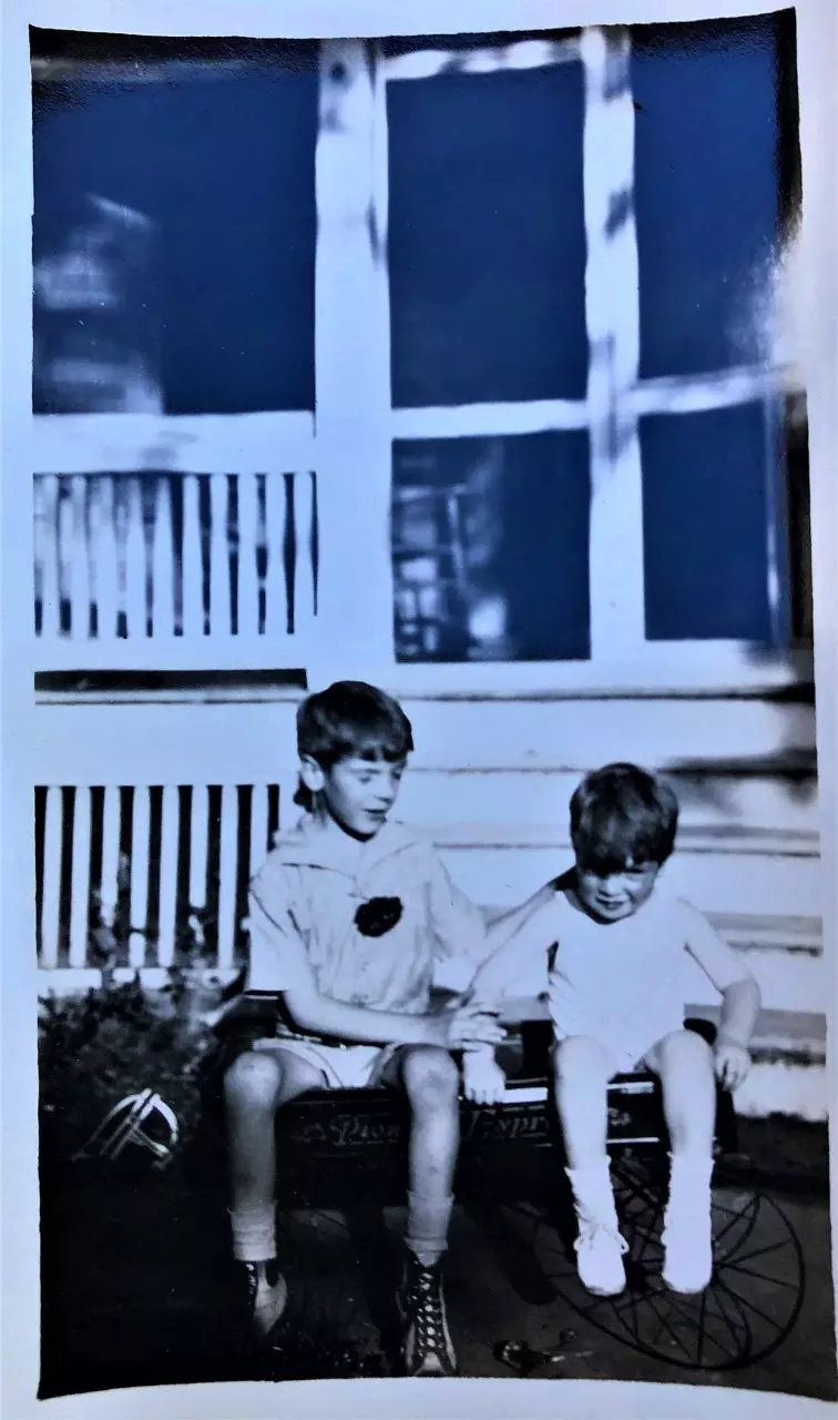 Brothers Isaac Kinsey III (Pete) and Bigelow (Big) outside the family's cottage at the Middle Bass Club.  Circa 1925.  Source: Maggie Kinsey Wood