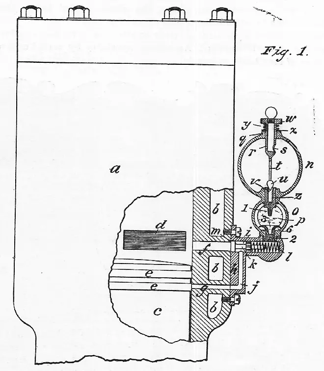 Drawing of Patent 657,643 - Lubricator for Engine Cylinders by George A. Burwell of Toledo, Sept. 11, 1900