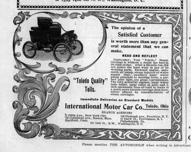 "Advertisement for the International Motor Car Co., makers of the Toledo steamers."