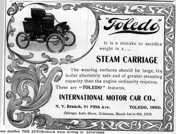 "Advertisement for the International Motor Car Co., makers of the Toledo steamers."