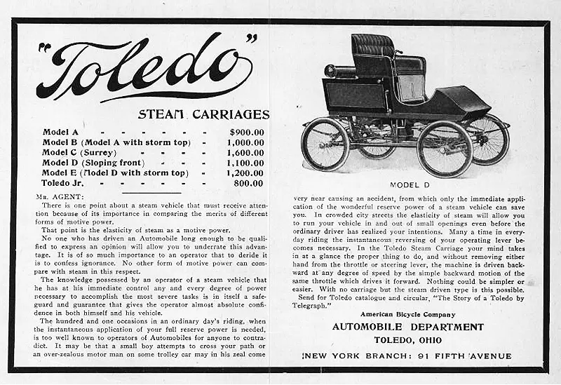 Advertisement for the Toledo Steam Carriage, Dec. 1901."