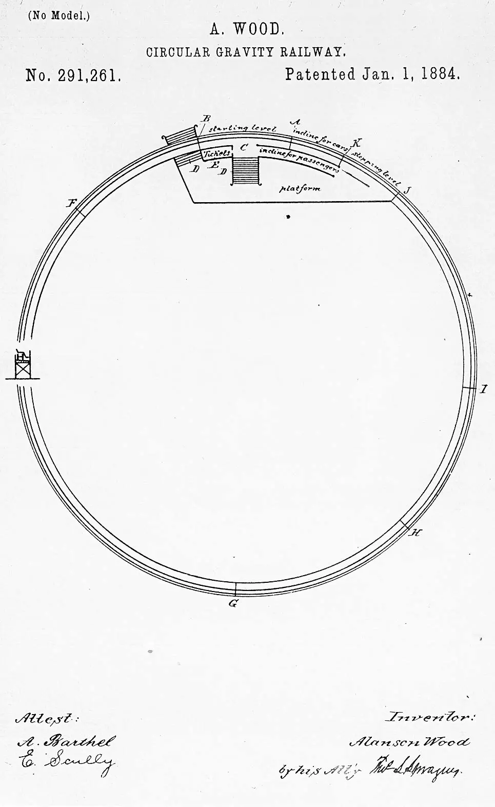 Wood's patent for a 'Circular Gravity Railway' -  U.S. Patent #291,261 (Jan. 1, 1884)