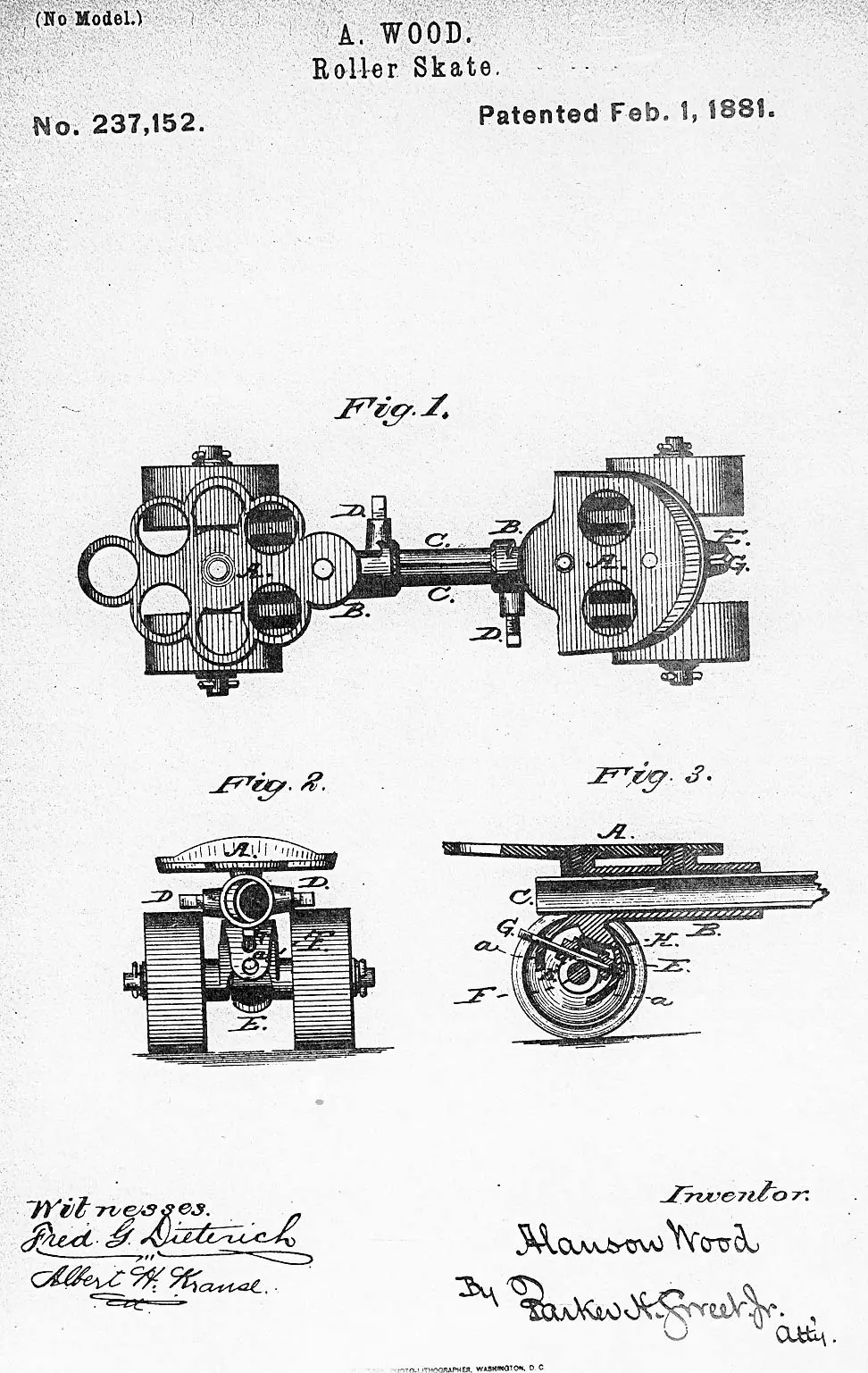 Wood's patent for an improved roller skate - U.S. Patent #237,152 (Feb. 1, 1881)