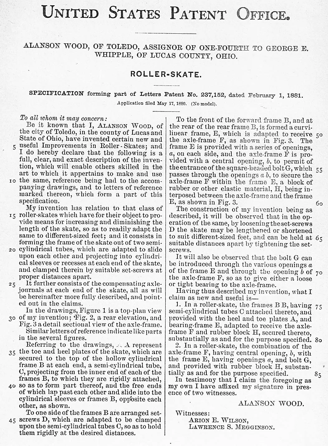 Full-text of Wood's patent for an improved roller skate - U.S. Patent #237,152 (Feb. 1, 1881)