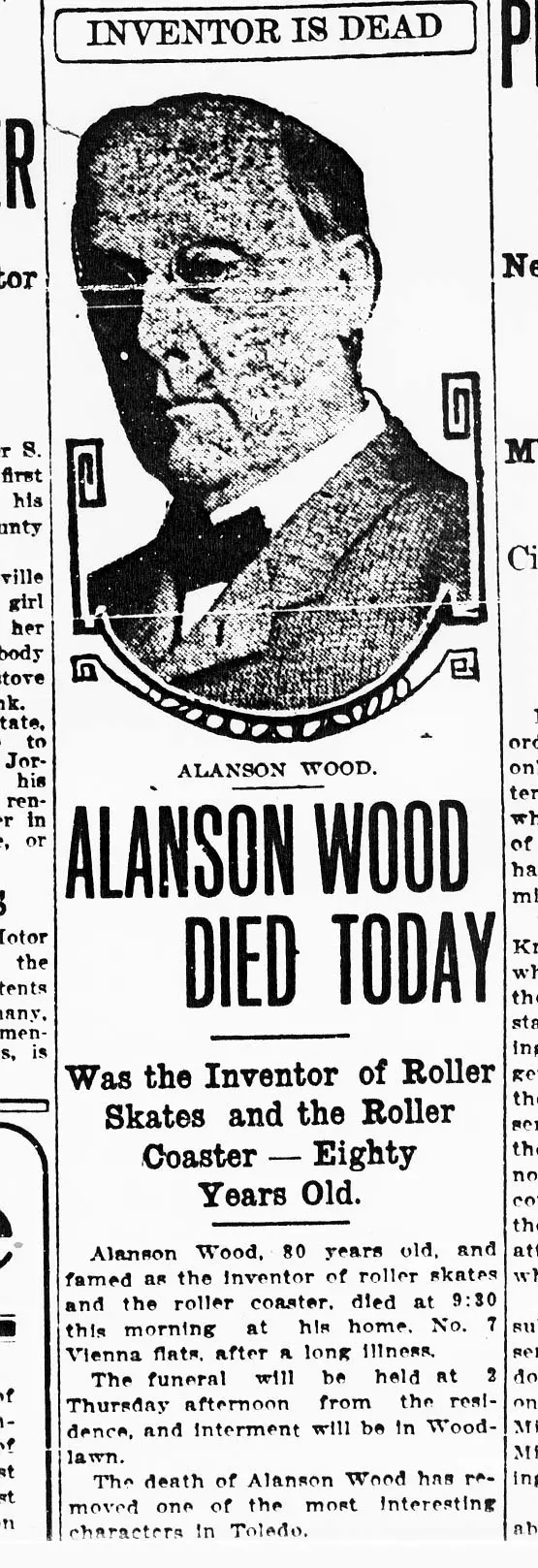 Wood's Obituary from the Toledo Blade, May 4, 1909, page 1