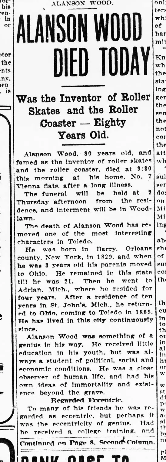 Wood's Obituary from the Toledo Blade, May 4, 1909, page 2