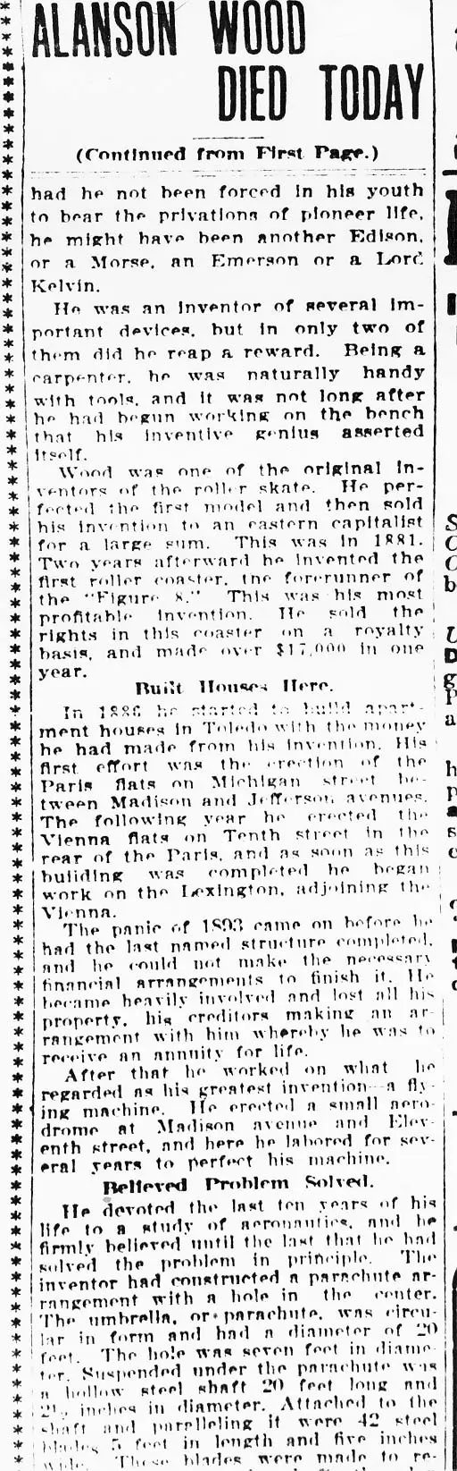 Wood's Obituary from the Toledo Blade, May 4, 1909, page 3