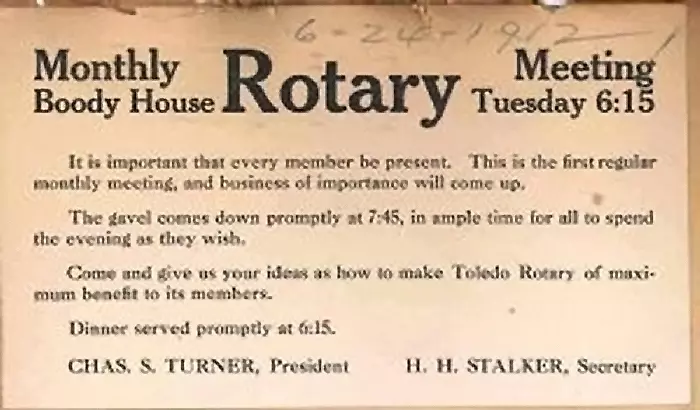 Flier for the Toledo Rotary Club meeting at the Boody House on June 24, 1912