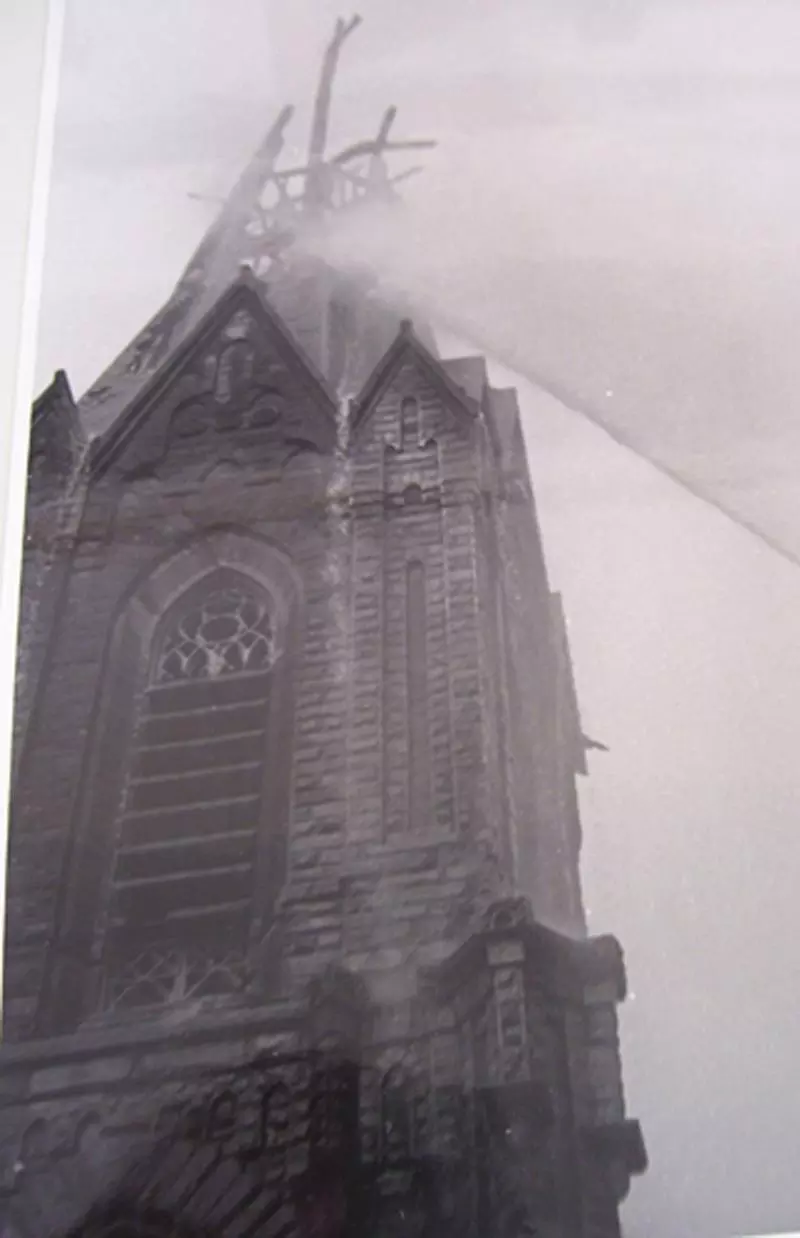 View of the steeple after a lightning strike damaging it in 1980