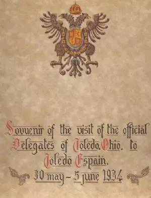 A scrapbook from the original trip to Toledo, Spain. It details the entire trip by the delegation from Toledo, Ohio.