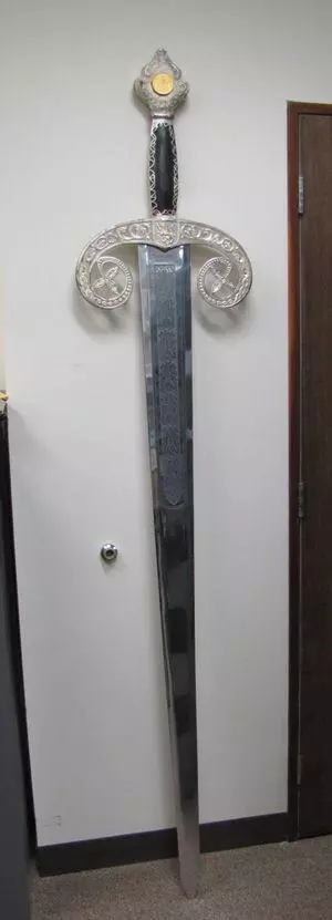 Sword almost seven feet tall and and weighing nearly 70lbs given to the Association of Two Toledos by Toledo, Spain in 1976