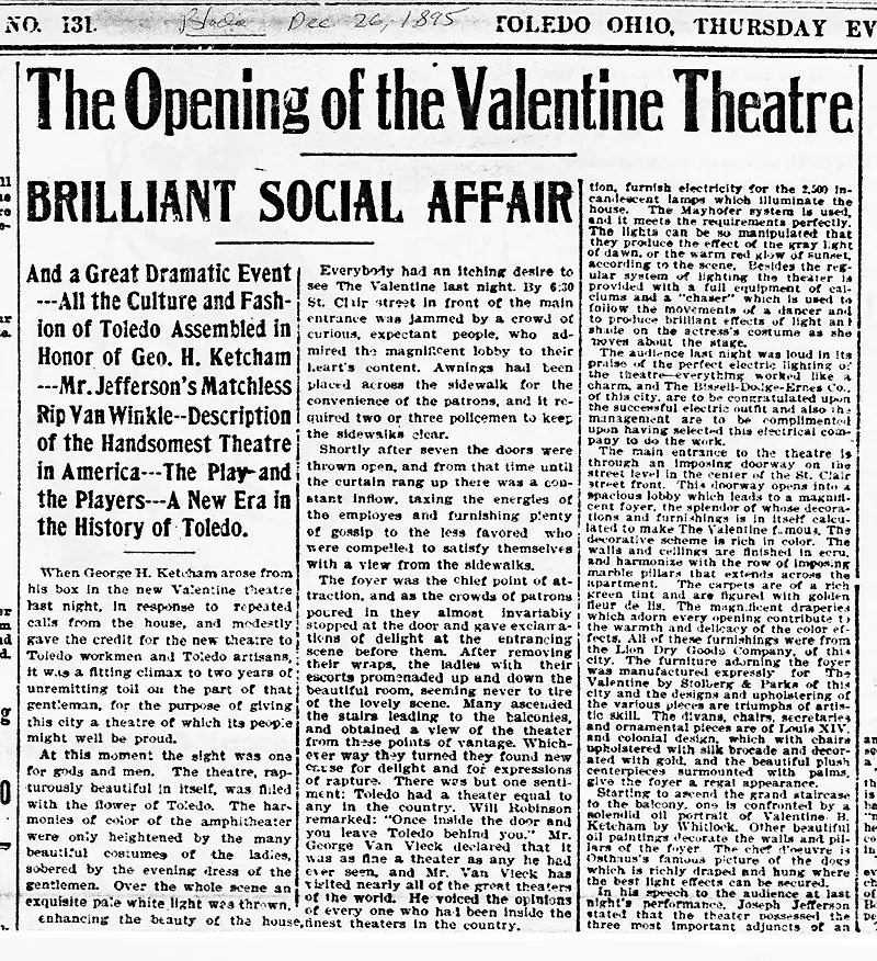 Blade article on the opening night at Velantine Theatre, December 26, 1895
