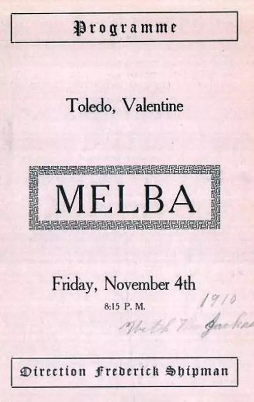 Program for Melba, 1910