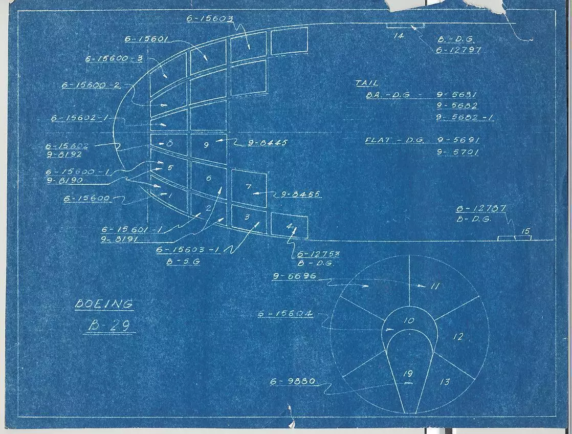 Blueprint of the nose of a Boeing B-29 bomber from World War 2.